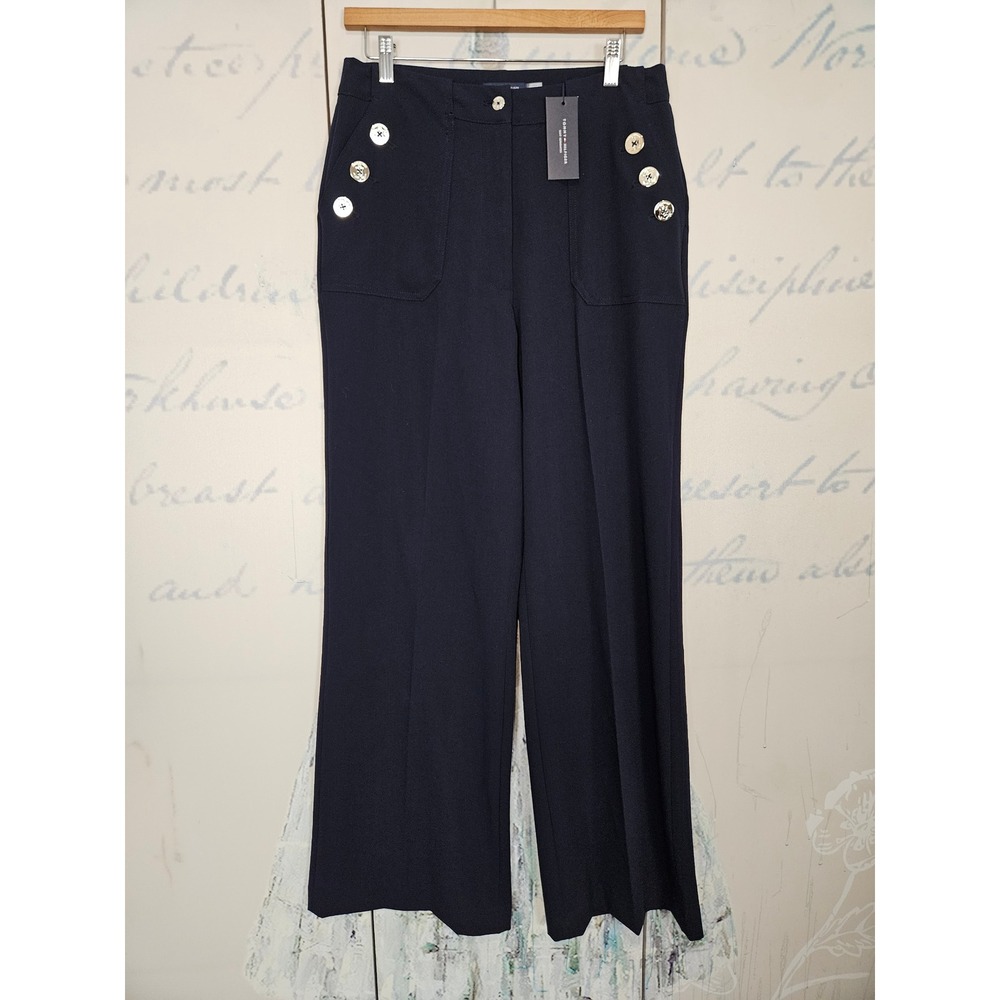 NWT Tommy Hilfiger Sailor Pants 10‎ Navy Blue Nautical Gold Button Wide Leg